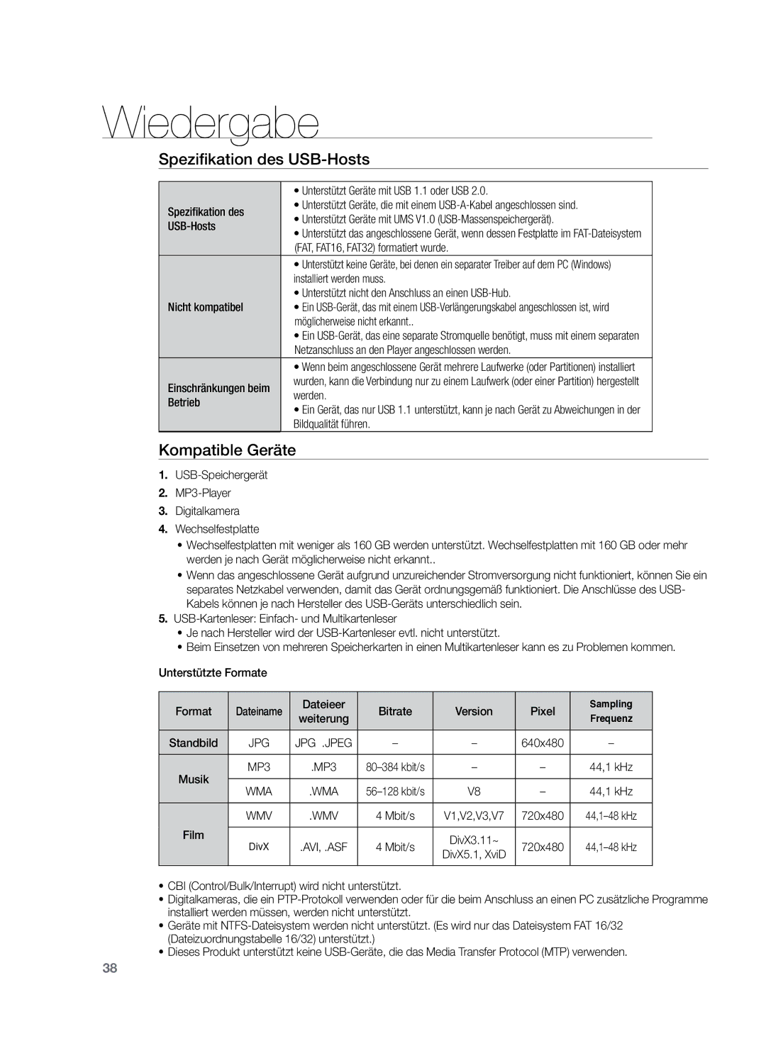 Samsung HT-Z120T/EDC, HT-Z120T/XEF manual Spezifikation des USB-Hosts, Kompatible Geräte 