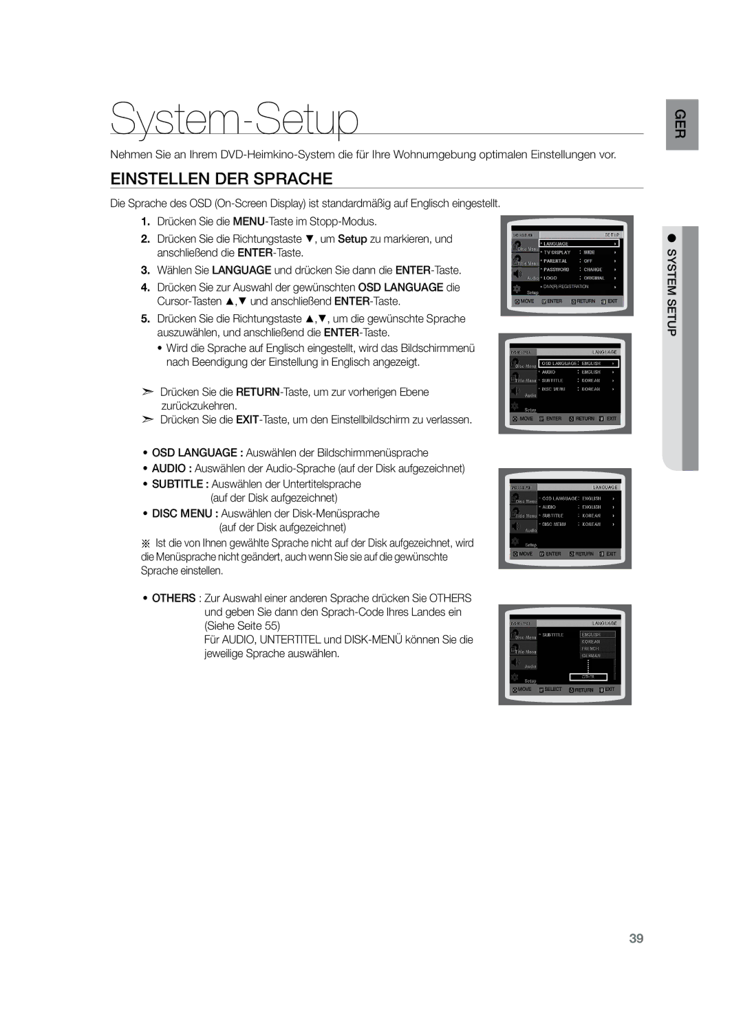 Samsung HT-Z120T/XEF, HT-Z120T/EDC manual System-Setup, Einstellen der Sprache, Tup se, Tem sys 