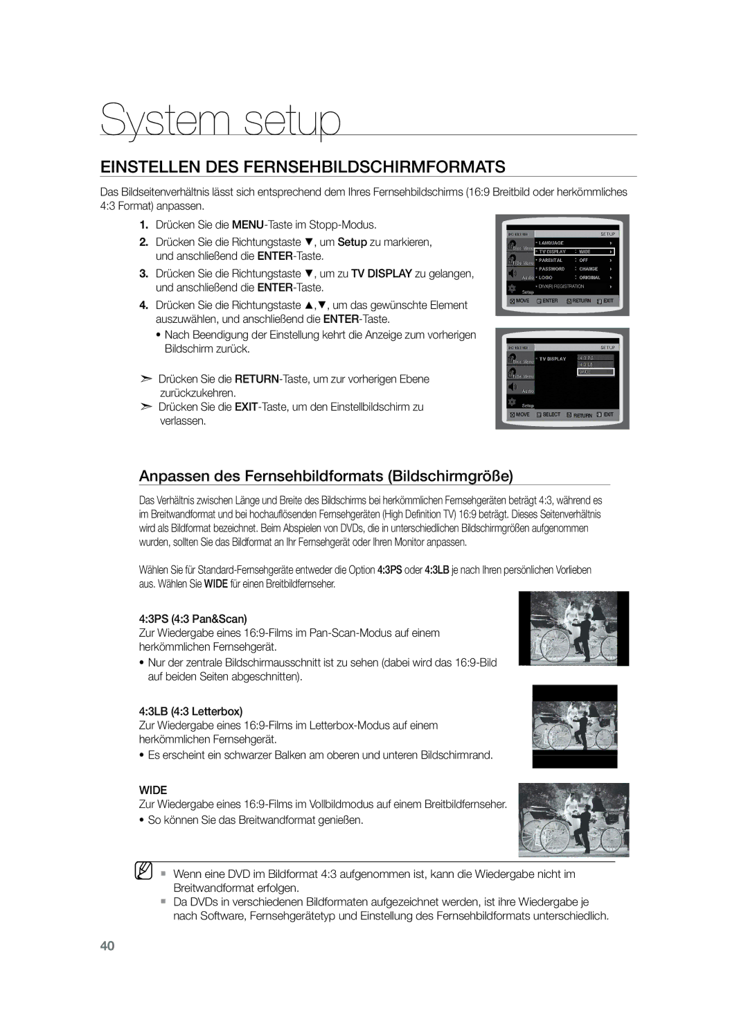 Samsung HT-Z120T/EDC, HT-Z120T/XEF manual System setup, Einstellen des Fernsehbildschirmformats, Wide 