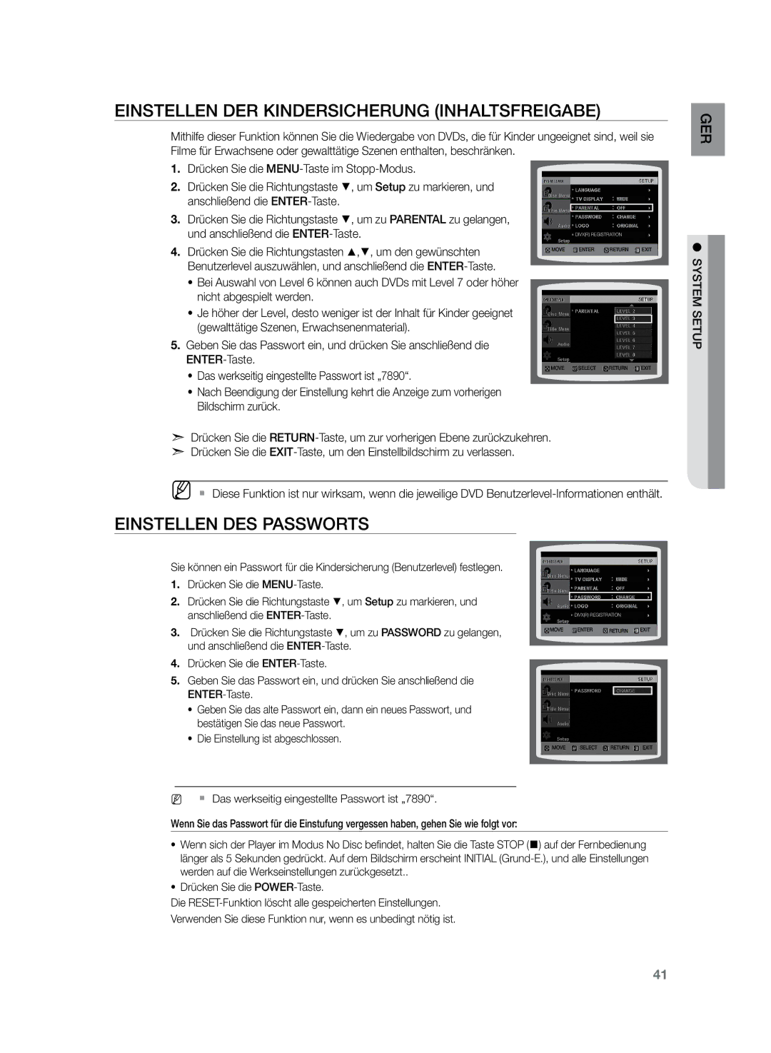 Samsung HT-Z120T/XEF manual Einstellen der Kindersicherung Inhaltsfreigabe, Einstellen des Passworts, Tup se tem sys 