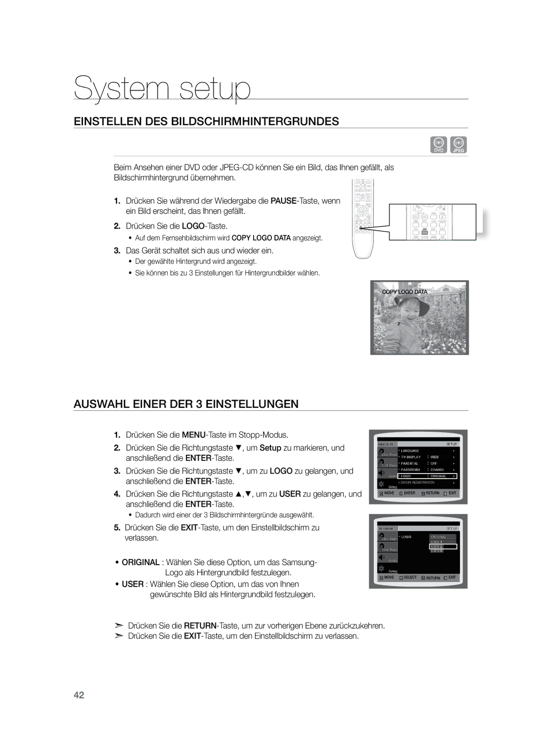 Samsung HT-Z120T/EDC Einstellen des Bildschirmhintergrundes, Auswahl einer der 3 Einstellungen, Drücken Sie die LOGO-Taste 