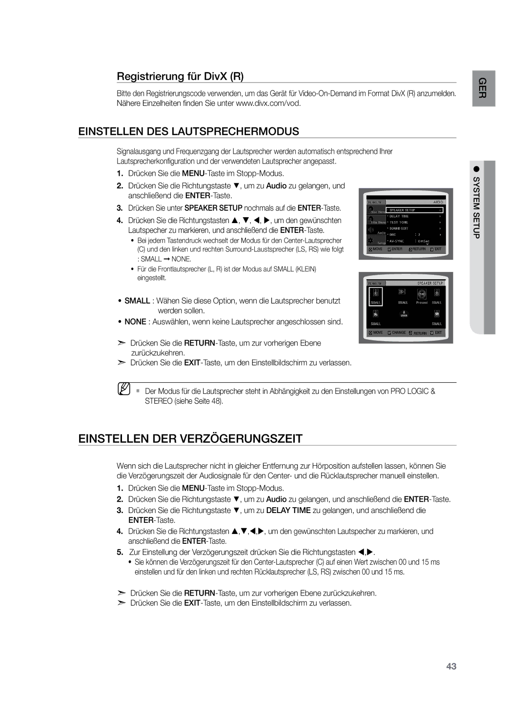 Samsung HT-Z120T/XEF manual Einstellen der Verzögerungszeit, Registrierung für DivX R, Einstellen des Lautsprechermodus 