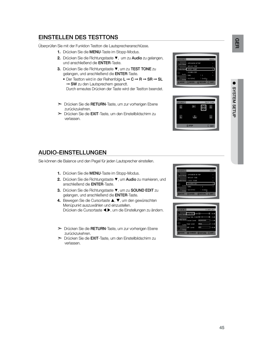 Samsung HT-Z120T/XEF, HT-Z120T/EDC manual Einstellen des Testtons, Audio-Einstellungen 