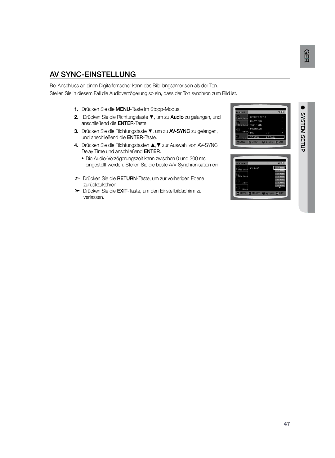 Samsung HT-Z120T/XEF, HT-Z120T/EDC manual AV SYNC-Einstellung, Tup se 