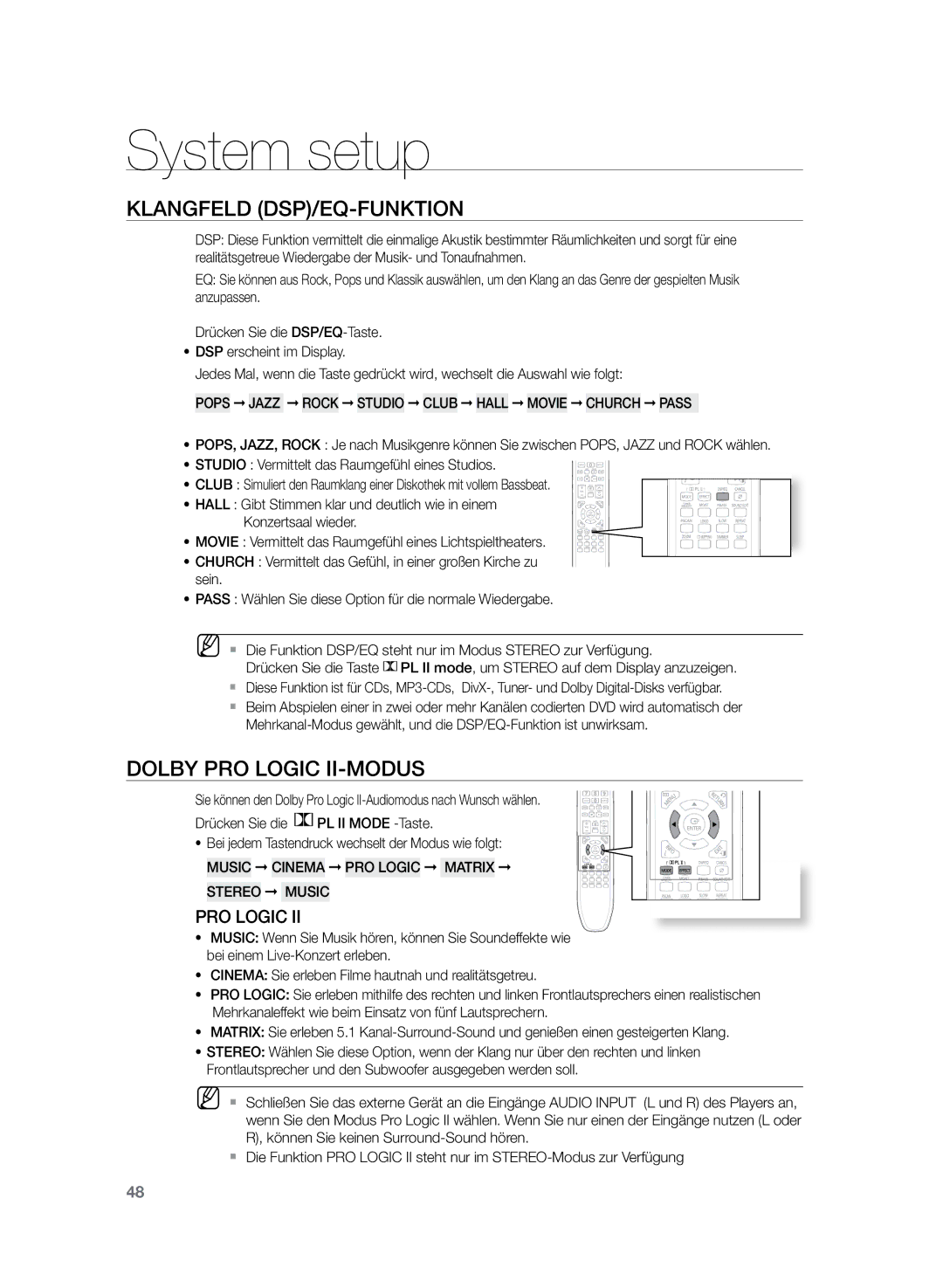 Samsung HT-Z120T/EDC manual Klangfeld DSP/EQ-Funktion, Dolby Pro Logic II-Modus, Music Cinema PRO Logic Matrix Stereo Music 