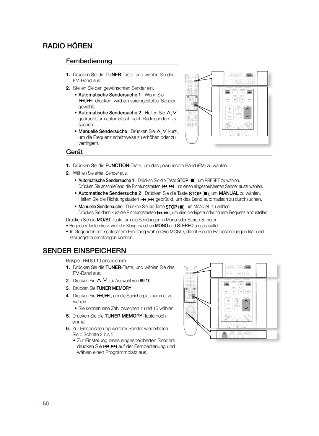 Samsung HT-Z120T/EDC, HT-Z120T/XEF manual Radio hören, Sender einspeichern, Fernbedienung, Gerät 