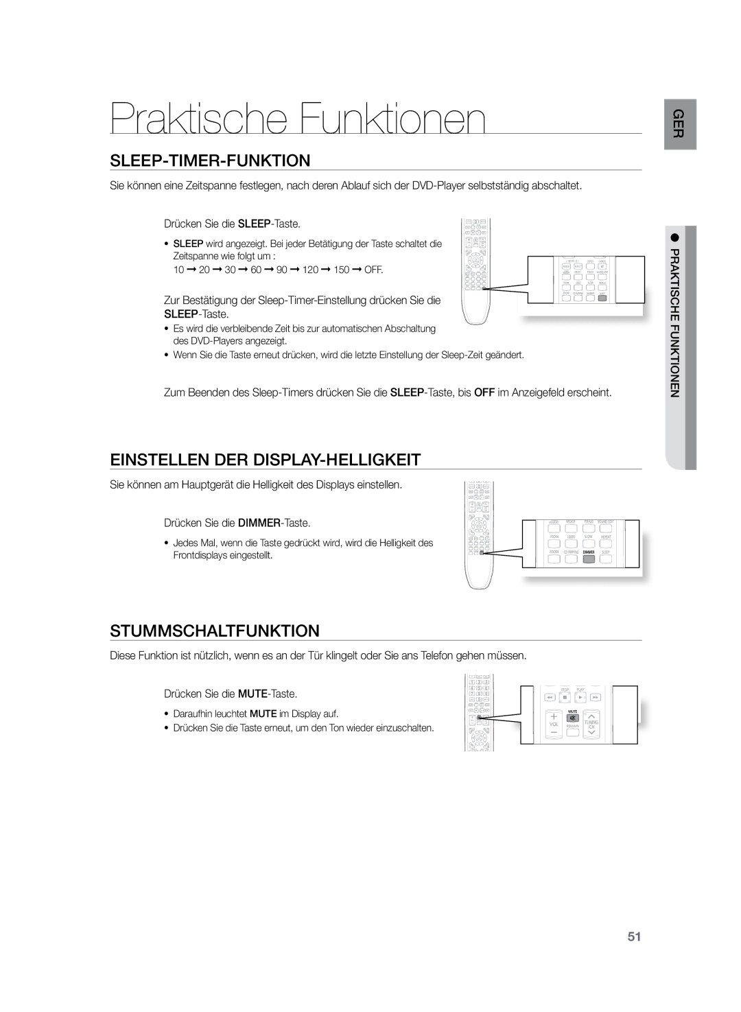 Samsung HT-Z120T/XEF Praktische Funktionen, Sleep-Timer-Funktion, Einstellen der Display-Helligkeit, Stummschaltfunktion 