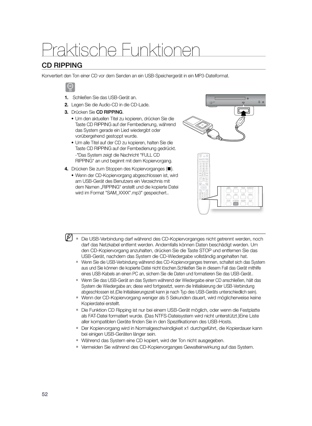 Samsung HT-Z120T/EDC, HT-Z120T/XEF manual CD rIPPING, Legen Sie die Audio-CD in die CD-Lade, Drücken Sie CD Ripping 