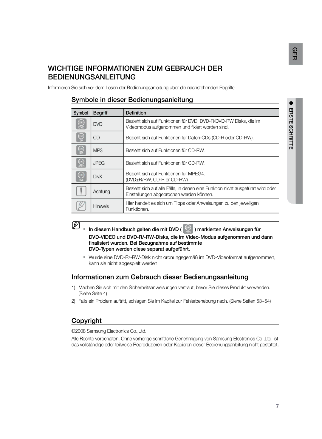 Samsung HT-Z120T/XEF Wichtige Informationen zum Gebrauch der Bedienungsanleitung, Symbole in dieser Bedienungsanleitung 