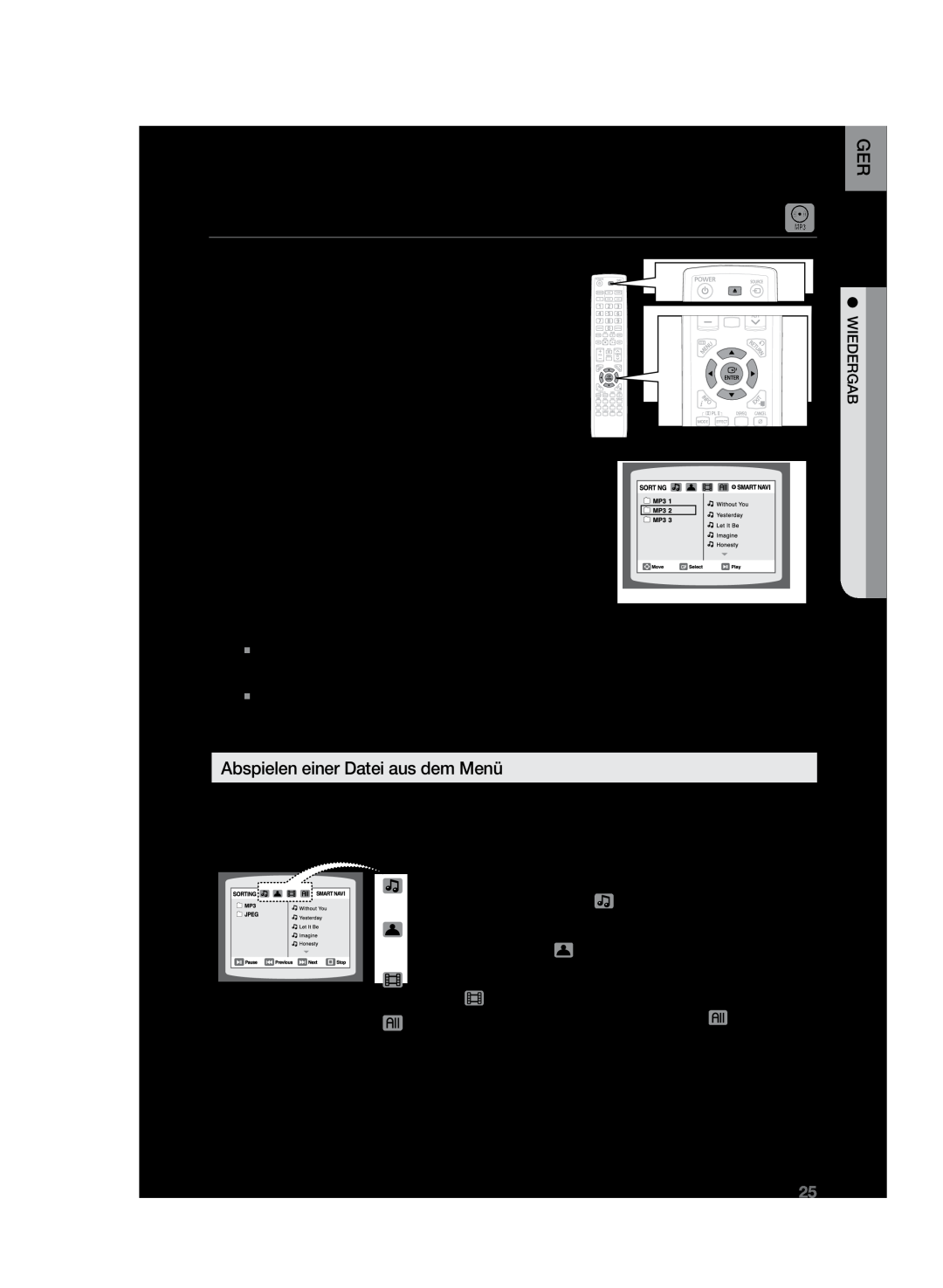 Samsung HT-Z120T/XEF, HT-Z120T/EDC manual MP3/WMA-CD-Wiedergabe, Abspielen einer Datei aus dem Menü, und anschließend ENTER 