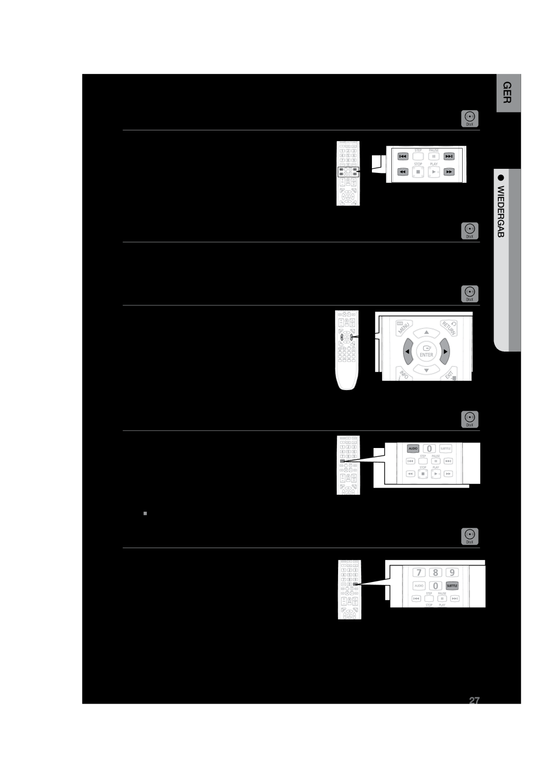 Samsung HT-Z120T/XEF manual D D D D, Divx-Wiedergabe, Vor-/Zurückspringen, Suchlauf vorwärts/rückwärts, Audioanzeige 
