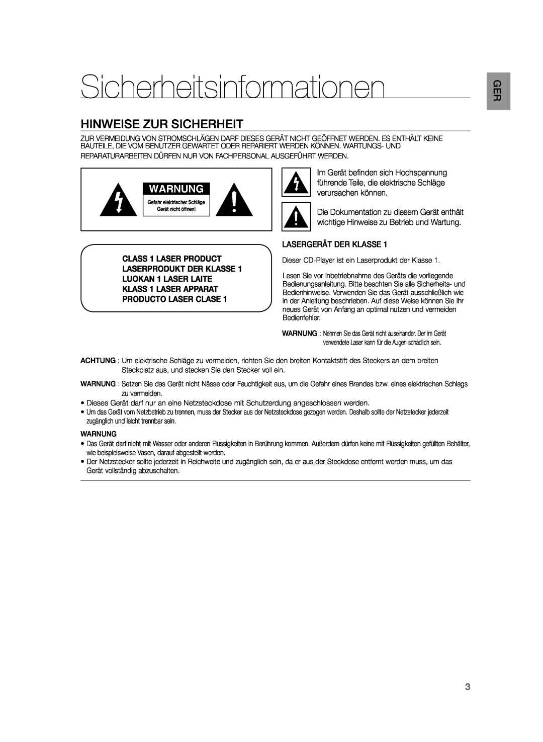 Samsung HT-Z120T/XEF, HT-Z120T/EDC manual Sicherheitsinformationen, Hinweise zur Sicherheit, Warnung 
