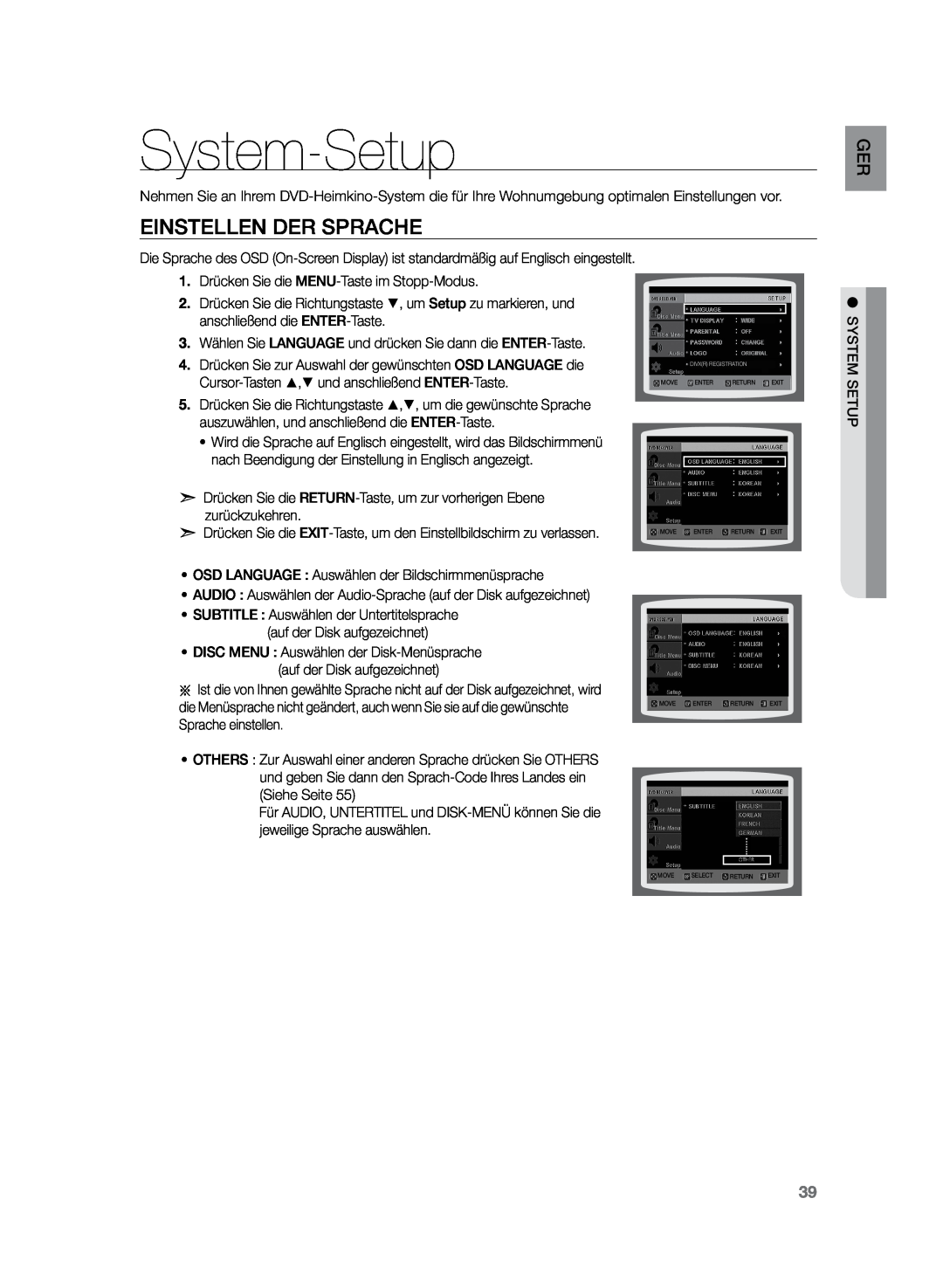 Samsung HT-Z120T/XEF, HT-Z120T/EDC manual System-Setup, Einstellen der Sprache 