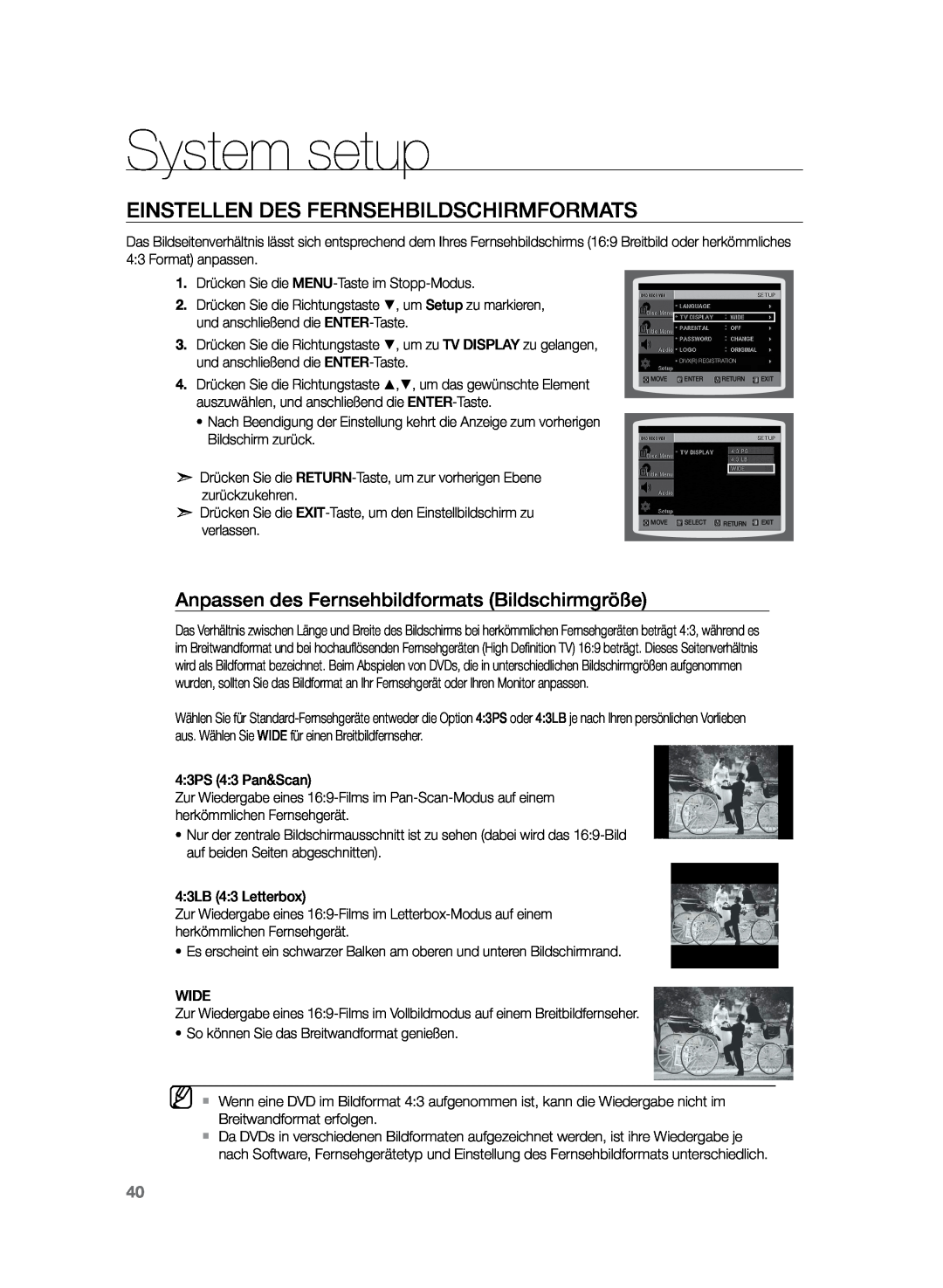 Samsung HT-Z120T/EDC, HT-Z120T/XEF manual System setup, Einstellen des Fernsehbildschirmformats 