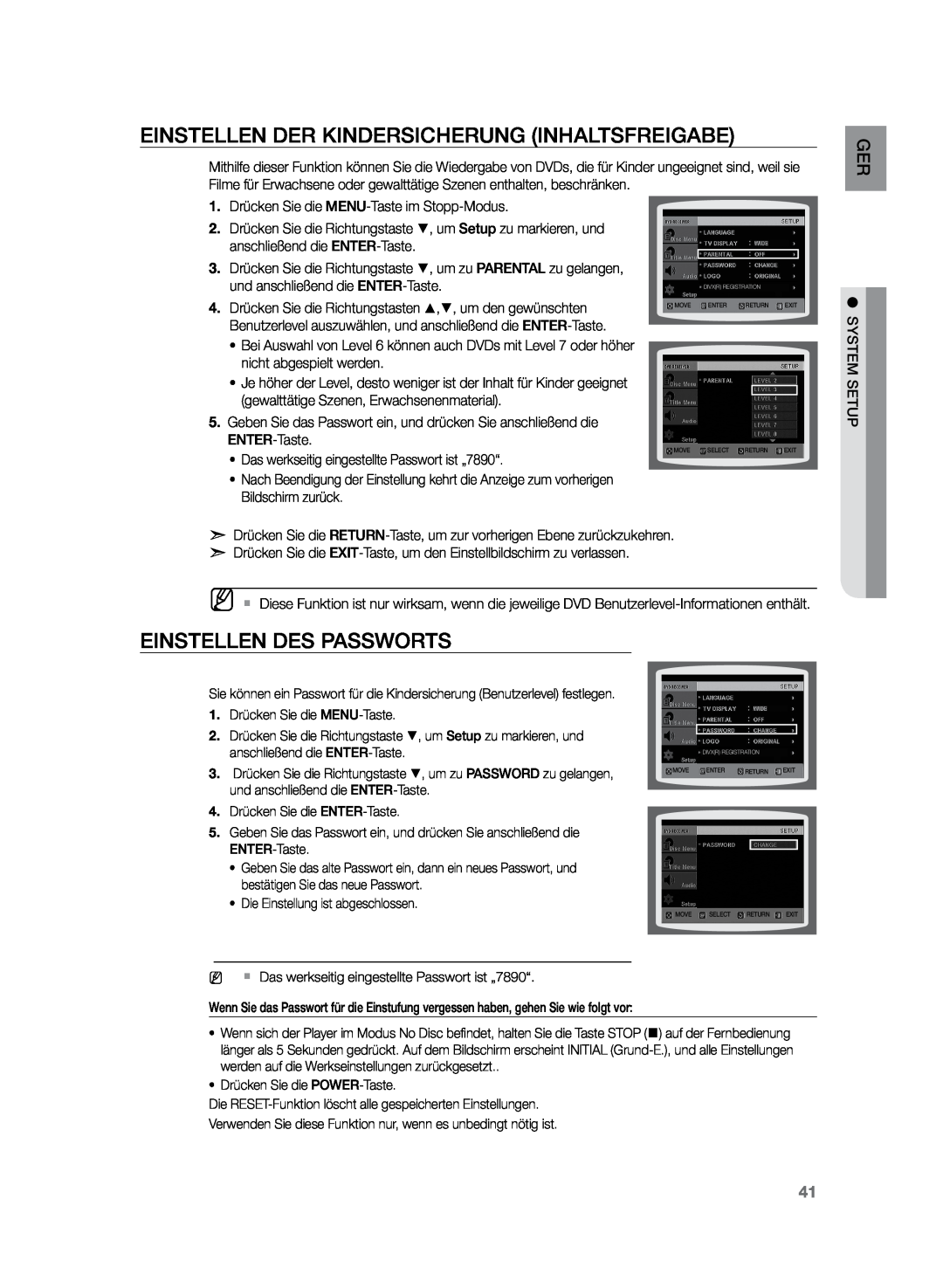 Samsung HT-Z120T/XEF, HT-Z120T/EDC manual Einstellen der Kindersicherung INHALTSFREIGABE, Einstellen des Passworts 