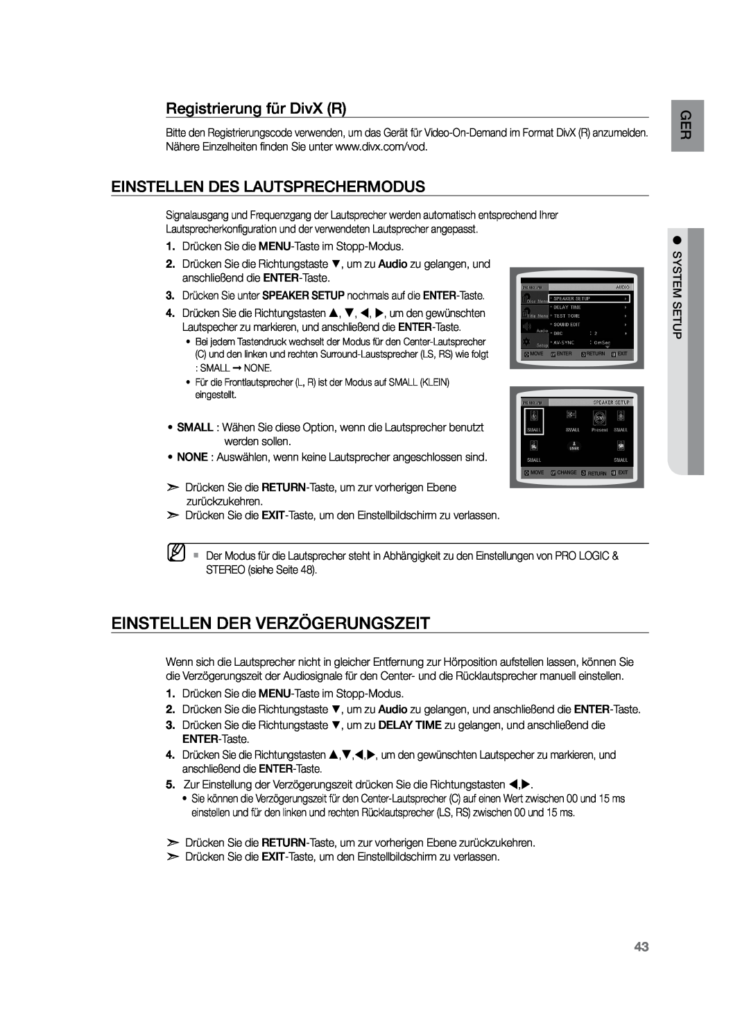 Samsung HT-Z120T/XEF manual Einstellen der Verzögerungszeit, Registrierung für DivX R, Einstellen des Lautsprechermodus 