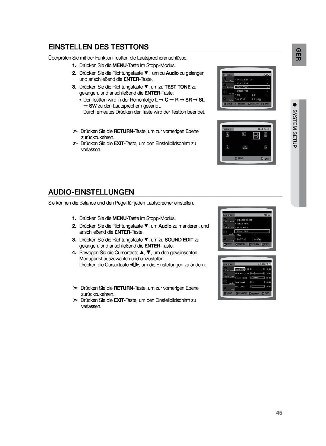 Samsung HT-Z120T/XEF, HT-Z120T/EDC manual Einstellen des Testtons, Audio-Einstellungen 