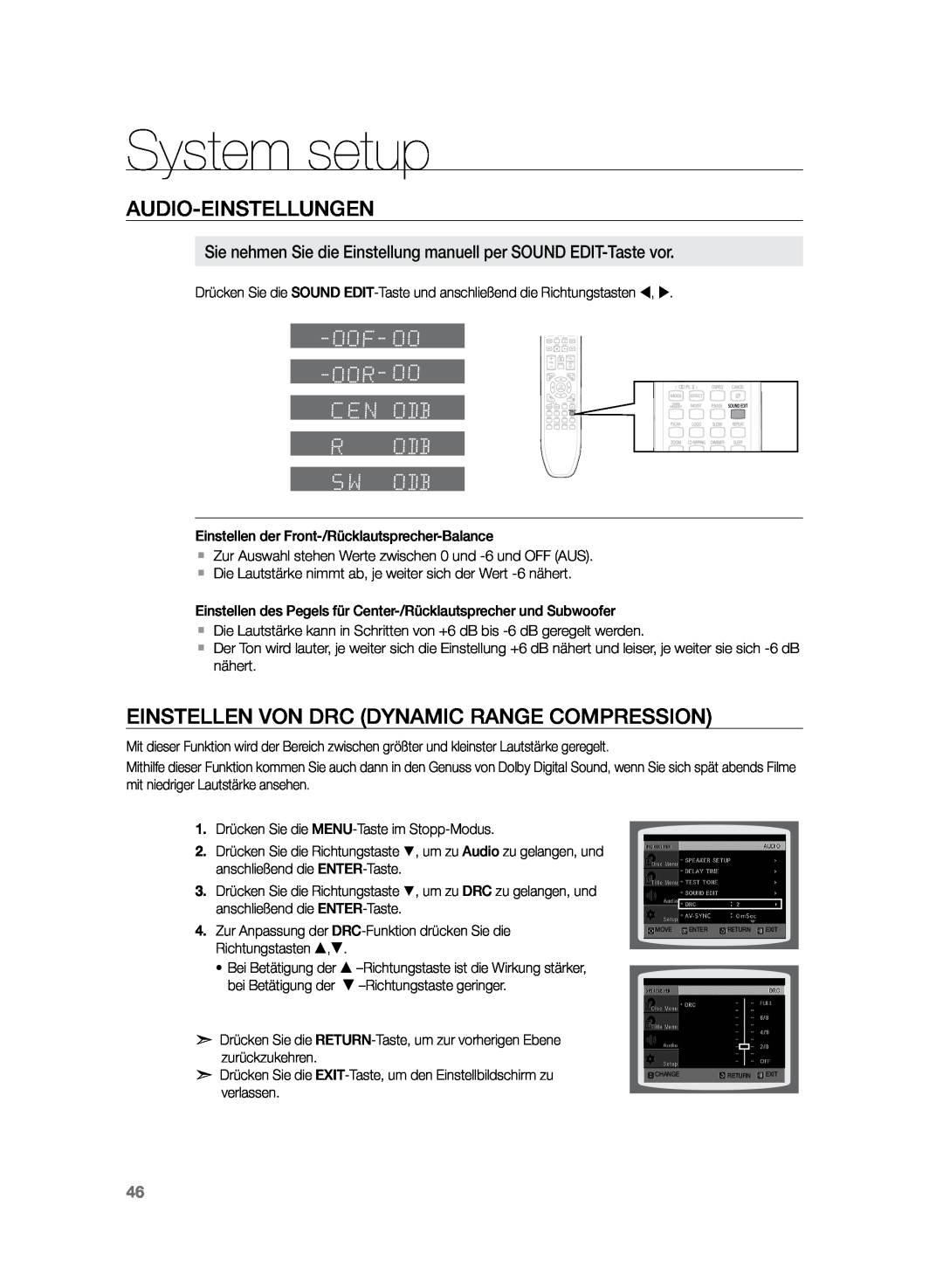 Samsung HT-Z120T/EDC, HT-Z120T/XEF manual Einstellen von DRC Dynamic Range Compression, System setup, Audio-Einstellungen 