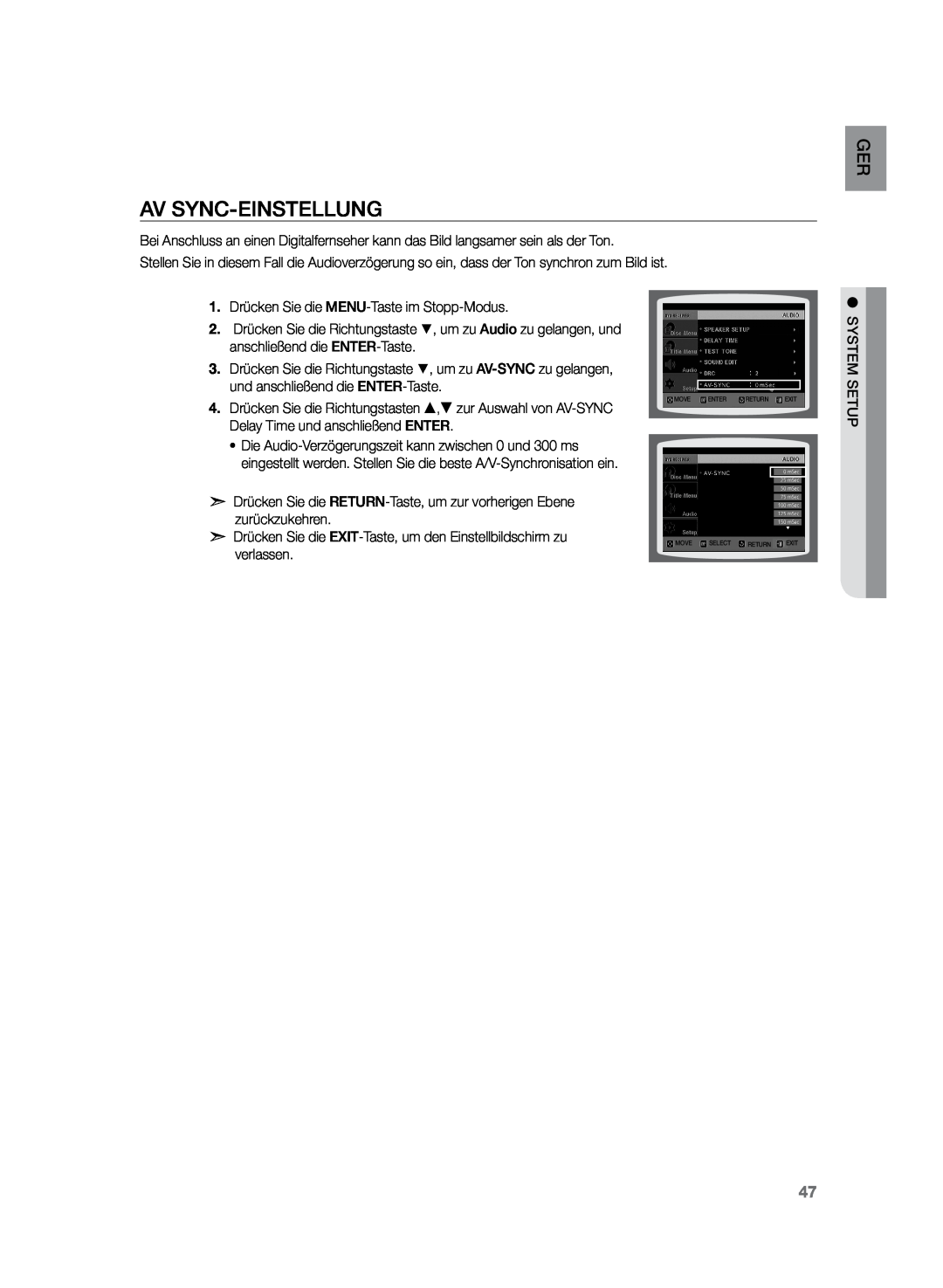 Samsung HT-Z120T/XEF, HT-Z120T/EDC manual AV SYNC-Einstellung 