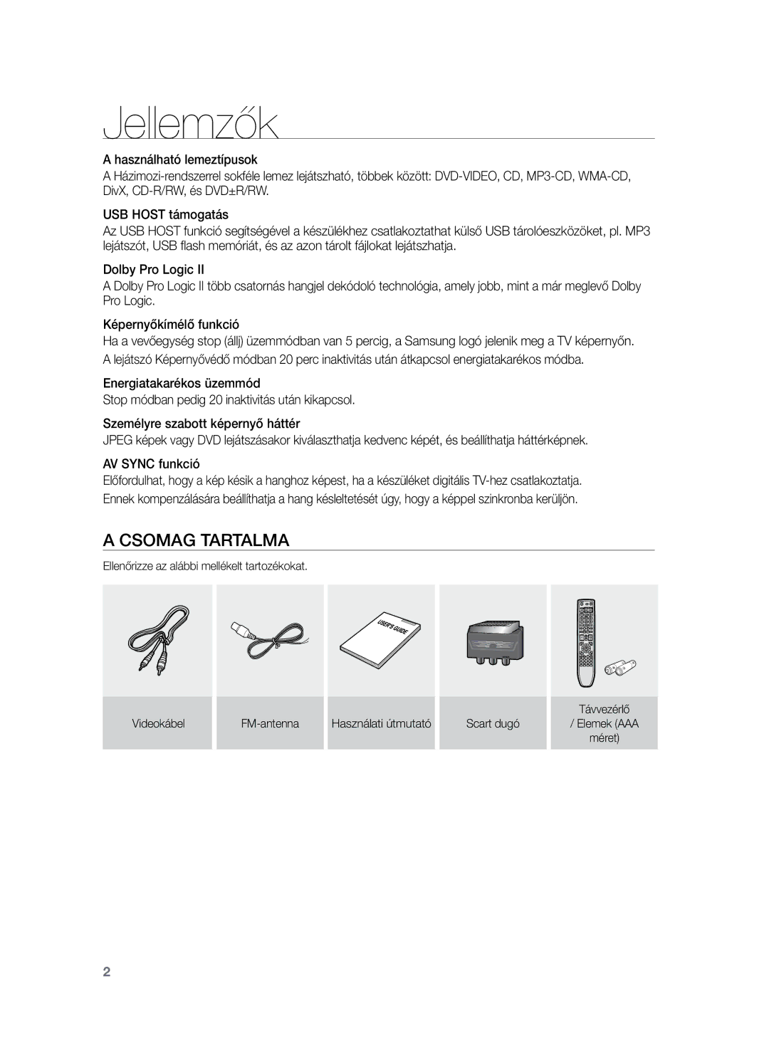 Samsung HT-Z120T/EDC, HT-Z120T/XET manual Jellemzők, Csomag Tartalma 