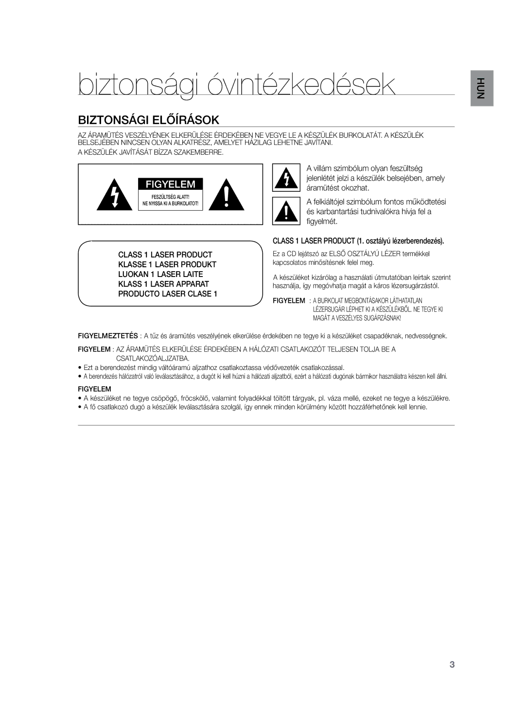 Samsung HT-Z120T/XET, HT-Z120T/EDC manual Biztonsági óvintézkedések, Biztonsági előírások 