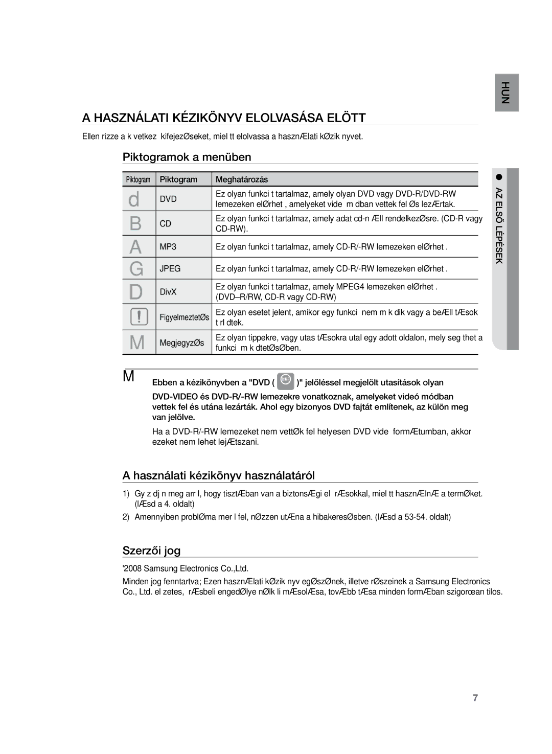 Samsung HT-Z120T/XET Használati kézikönyv elolvasása elött, Piktogramok a menüben, Használati kézikönyv használatáról 