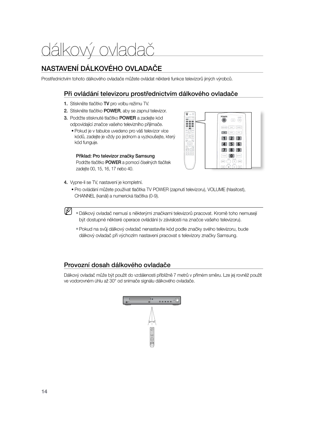 Samsung HT-Z120T/EDC manual Nastavení dálkového ovladače, Při ovládání televizoru prostřednictvím dálkového ovladače 