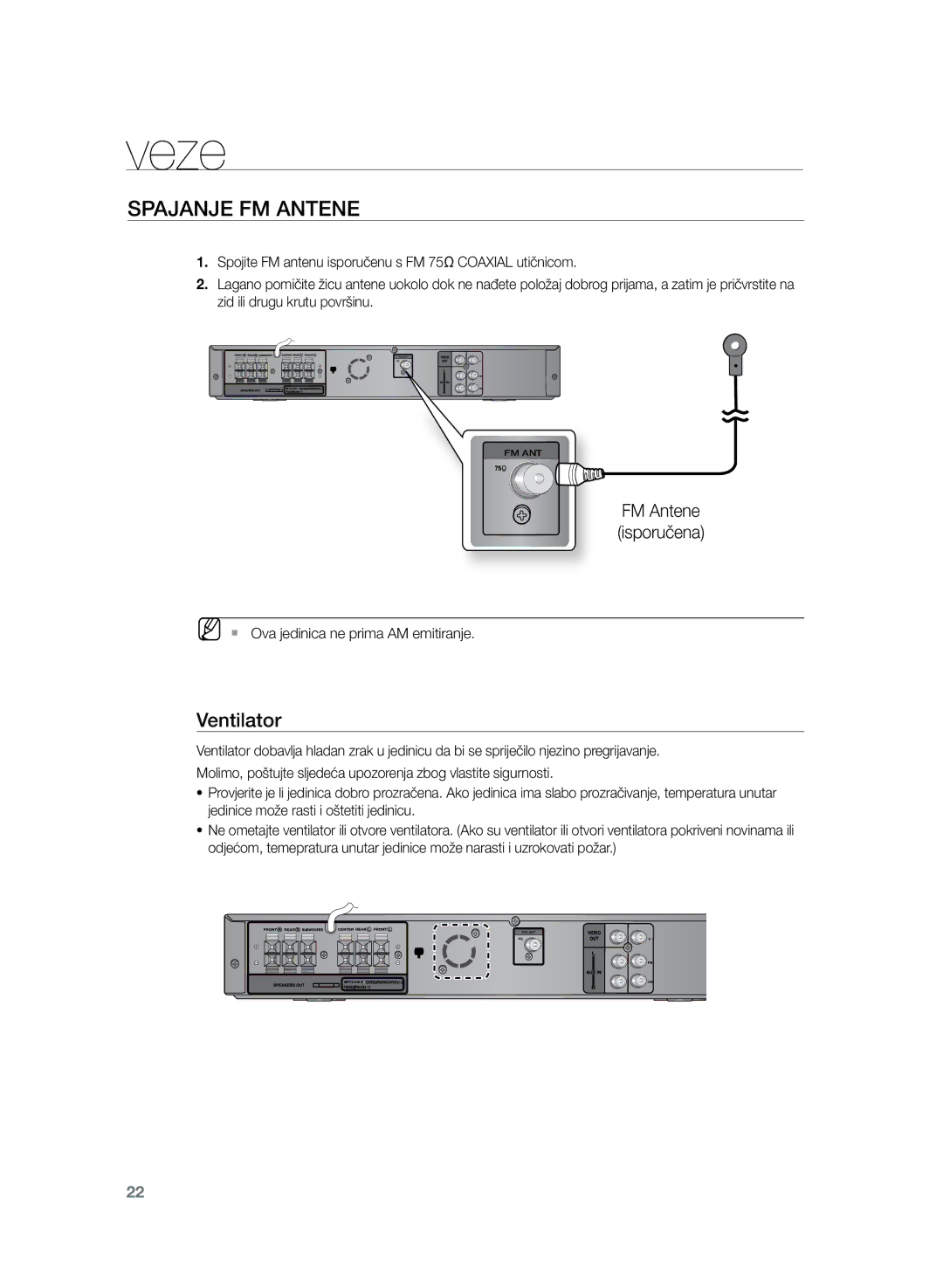 Samsung HT-Z120T/EDC manual Spajanje FM antene, Ventilator, FM Antene isporučena, MM`` Ova jedinica ne prima AM emitiranje 