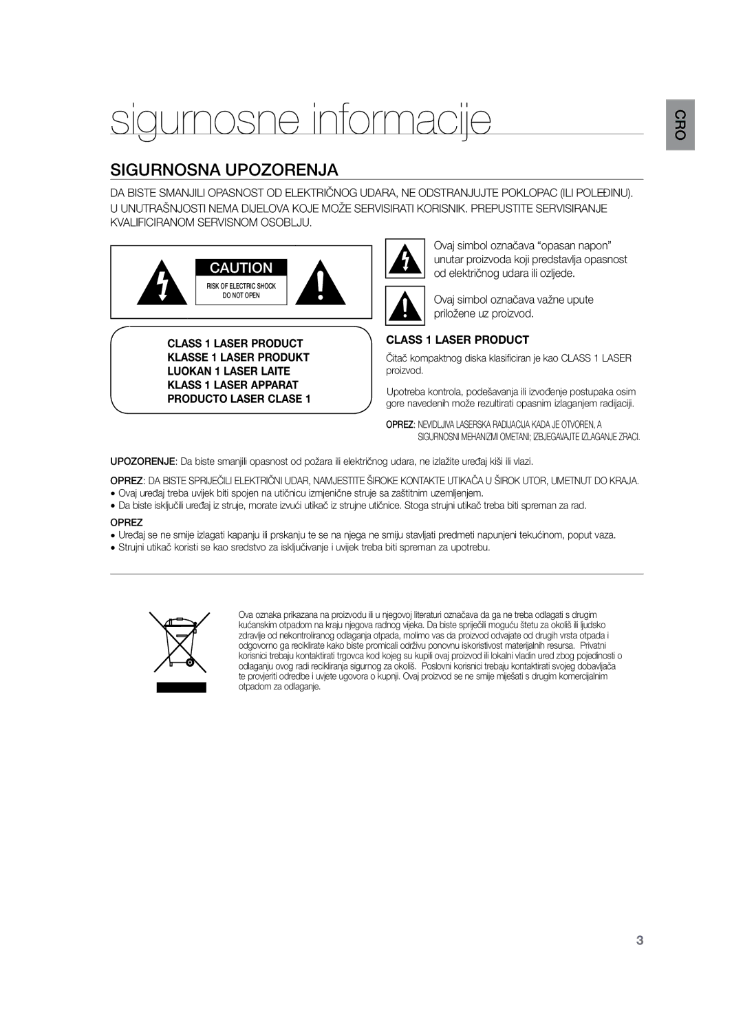 Samsung HT-Z120T/EDC manual Sigurnosne informacije, Sigurnosna upozorenja, Od električnog udara ili ozljede 