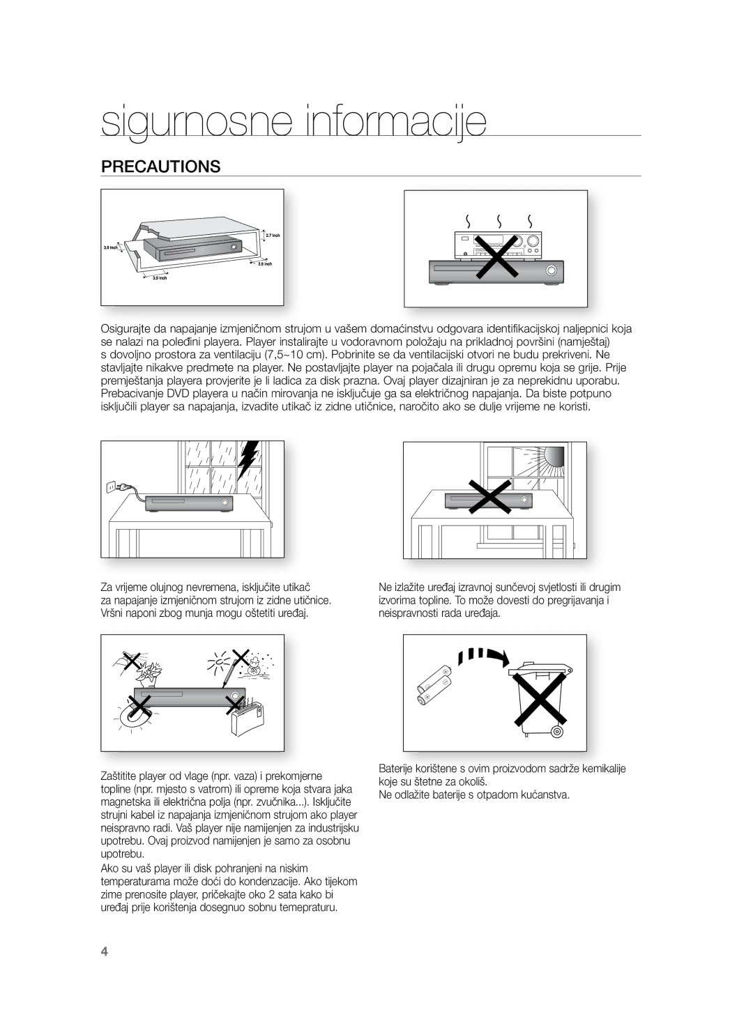 Samsung HT-Z120T/EDC manual Precautions, Za vrijeme olujnog nevremena, isključite utikač 