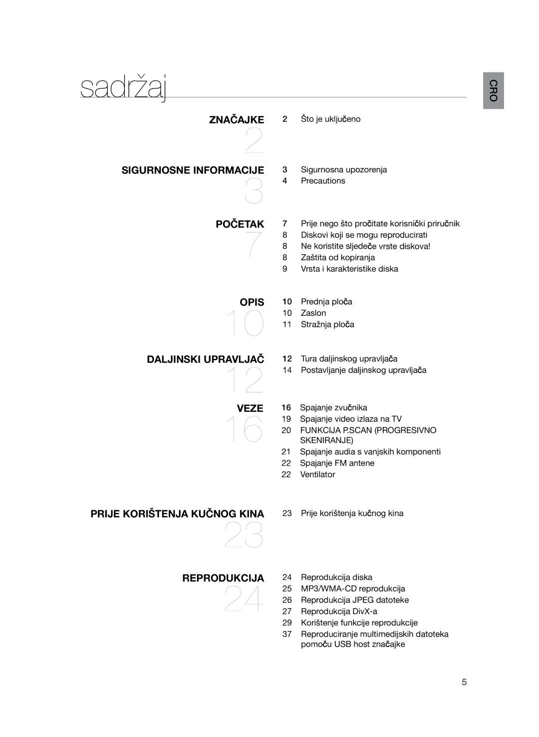 Samsung HT-Z120T/EDC manual Sadržaj, Funkcija P.SCAN Progresivno Skeniranje 