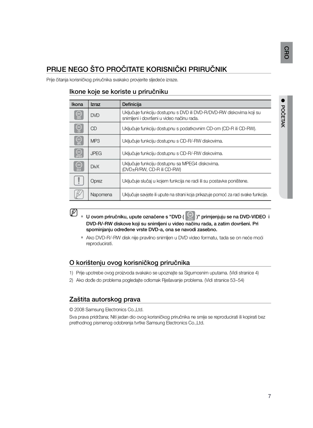 Samsung HT-Z120T/EDC manual Prije nego što pročitate korisnički priručnik, Ikone koje se koriste u priručniku 