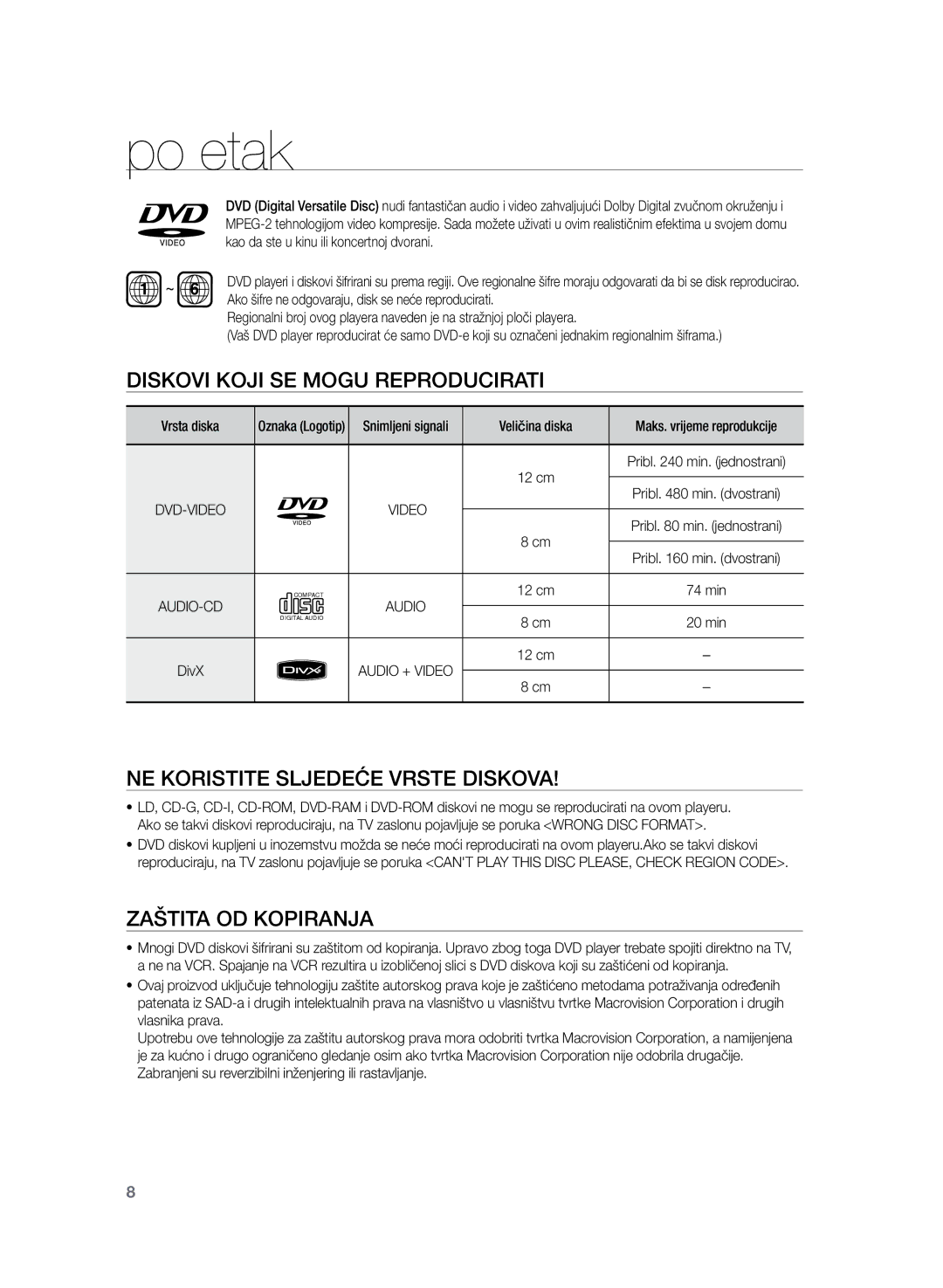 Samsung HT-Z120T/EDC manual Početak, Diskovi koji se mogu reproducirati, Ne koristite sljedeće vrste diskova 