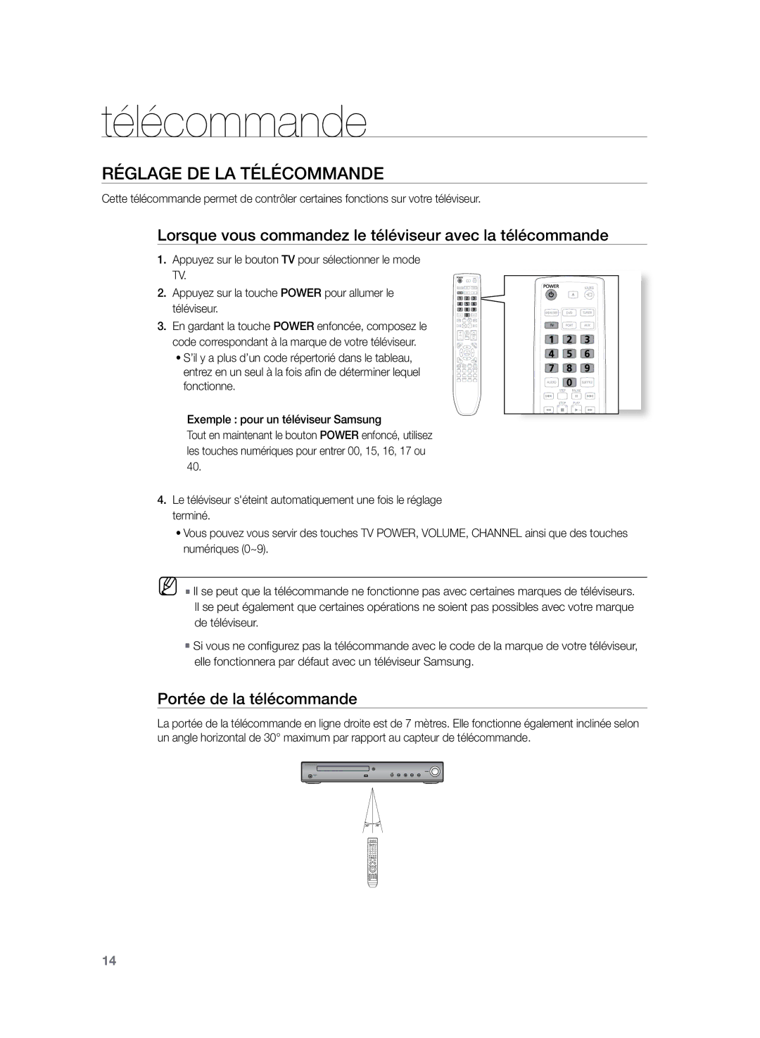 Samsung HT-Z120T/XEF manual Réglage de la télécommande, Lorsque vous commandez le téléviseur avec la télécommande 