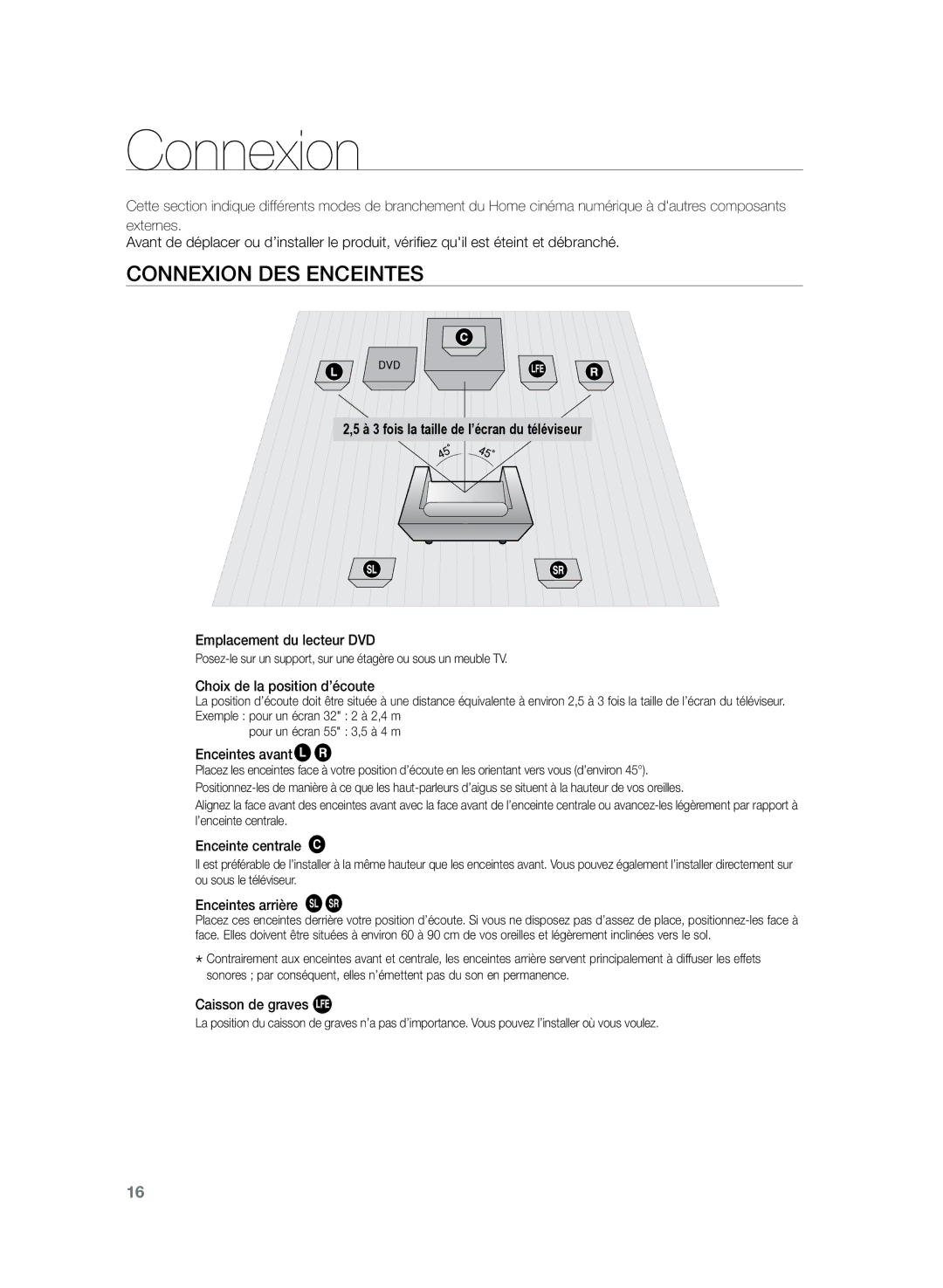 Samsung HT-Z120T/XEF manual Connexion des enceintes 