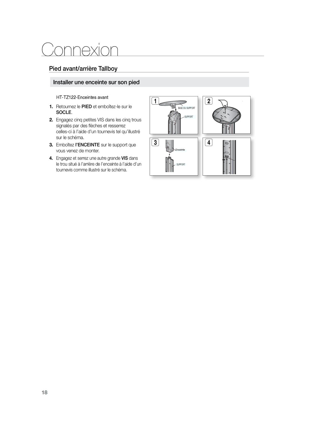 Samsung HT-Z120T/XEF manual Pied avant/arrière Tallboy, Installer une enceinte sur son pied, Socle 