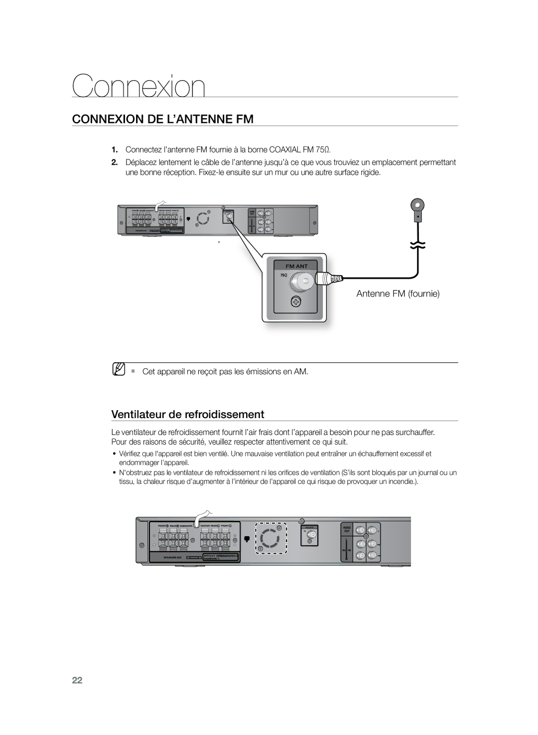 Samsung HT-Z120T/XEF manual Connexion de l’antenne FM, Ventilateur de refroidissement 