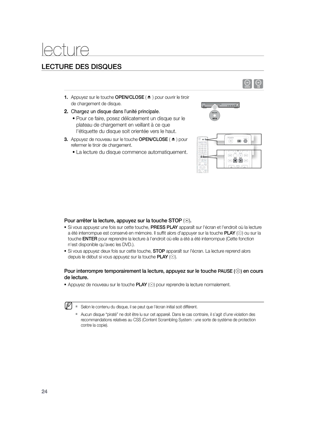 Samsung HT-Z120T/XEF manual Lecture des disques 