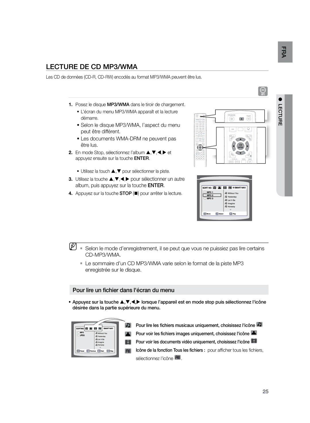 Samsung HT-Z120T/XEF manual Lecture de CD MP3/WMA, Pour lire un fichier dans lécran du menu 