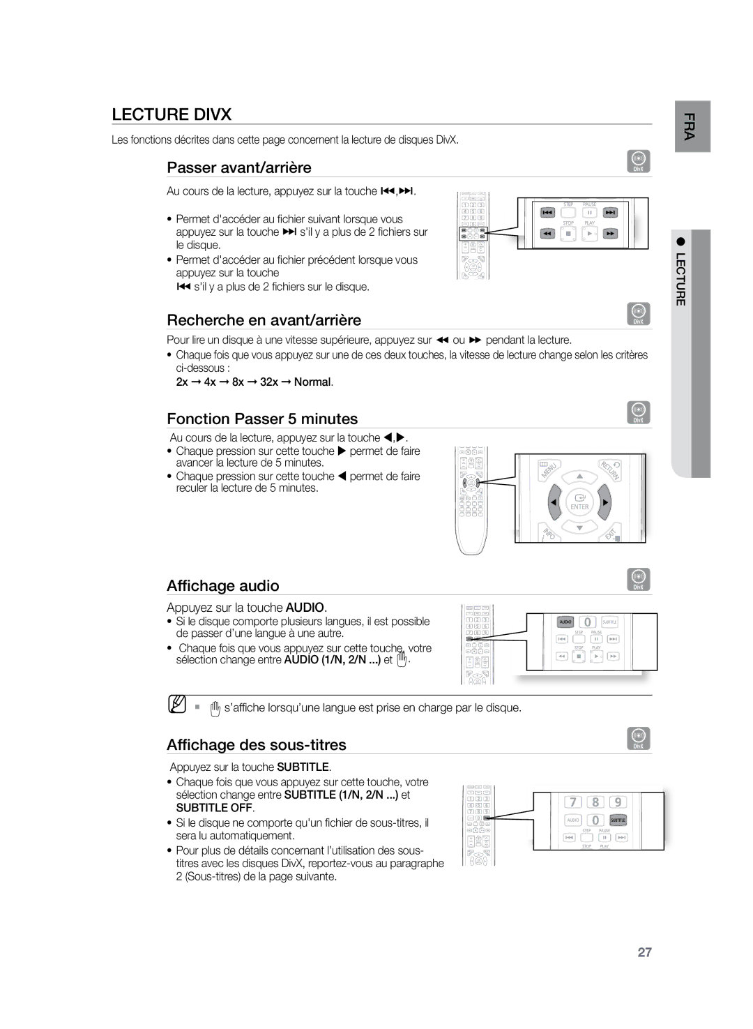 Samsung HT-Z120T/XEF manual Lecture DivX 