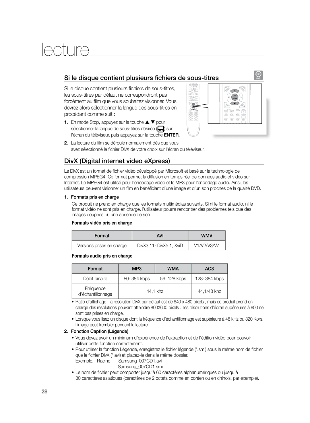 Samsung HT-Z120T/XEF Si le disque contient plusieurs fichiers de sous-titres, DivX Digital internet video eXpress, Avi Wmv 