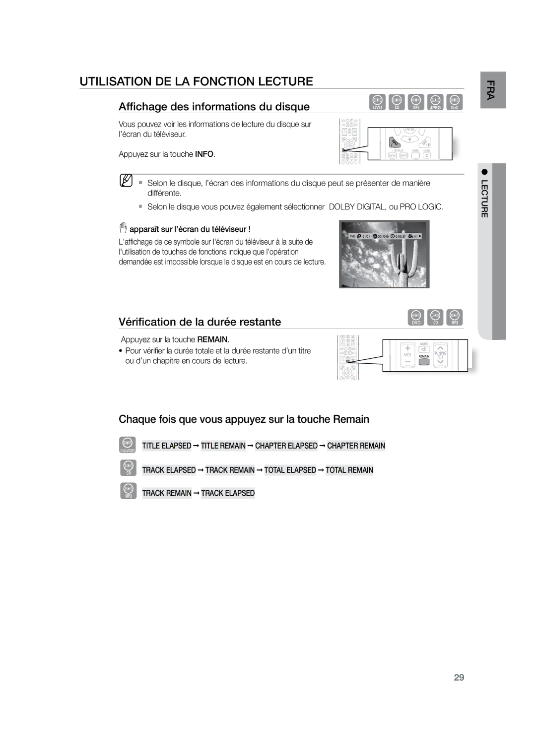 Samsung HT-Z120T/XEF manual Utilisation de la fonction Lecture, Affichage des informations du disque 