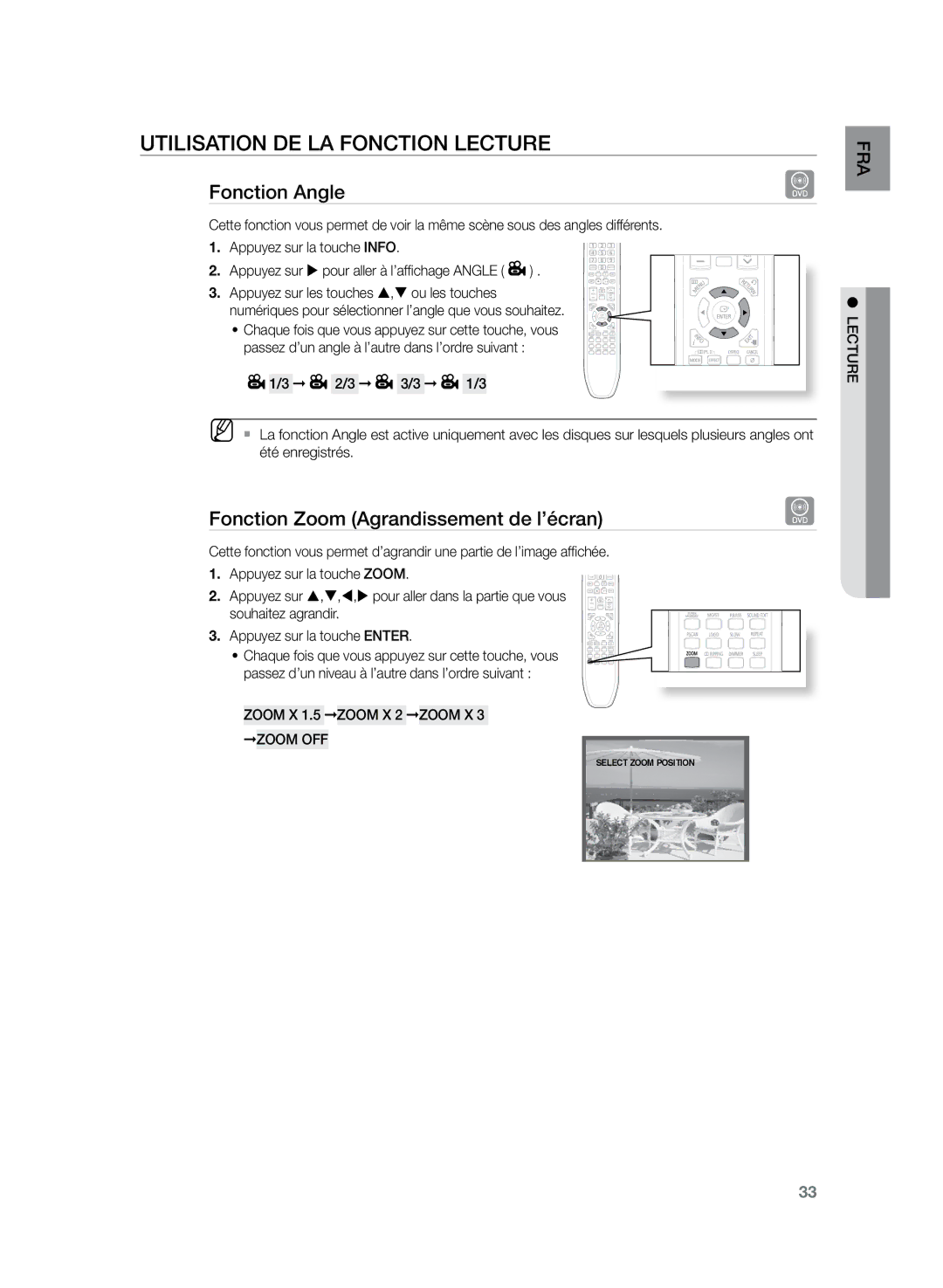 Samsung HT-Z120T/XEF manual Fonction Angle, Fonction Zoom Agrandissement de l’écran, Zoom X 1.5 Zoom X 2 Zoom X 3 Zoom OFF 