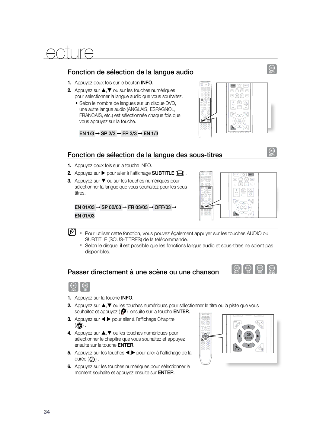 Samsung HT-Z120T/XEF manual Fonction de sélection de la langue audio, Fonction de sélection de la langue des sous-titres 