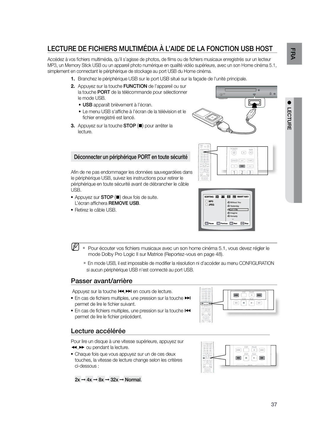 Samsung HT-Z120T/XEF manual Lecture accélérée, Déconnecter un périphérique Port en toute sécurité 