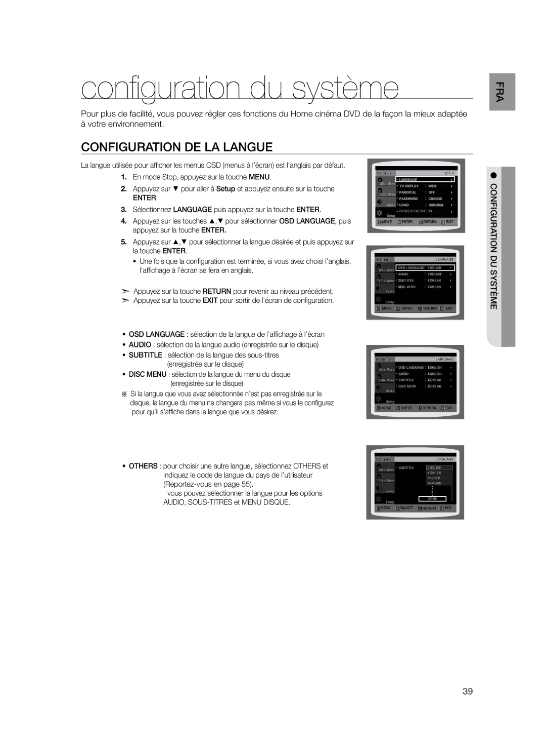 Samsung HT-Z120T/XEF manual Configuration du système, Configuration de la langue, FRA ème systdu 