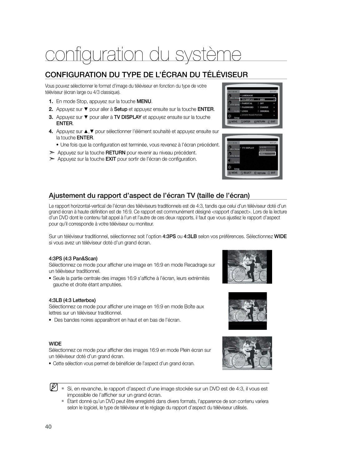 Samsung HT-Z120T/XEF manual Configuration du type de l’écran du téléviseur, Enter, Wide 