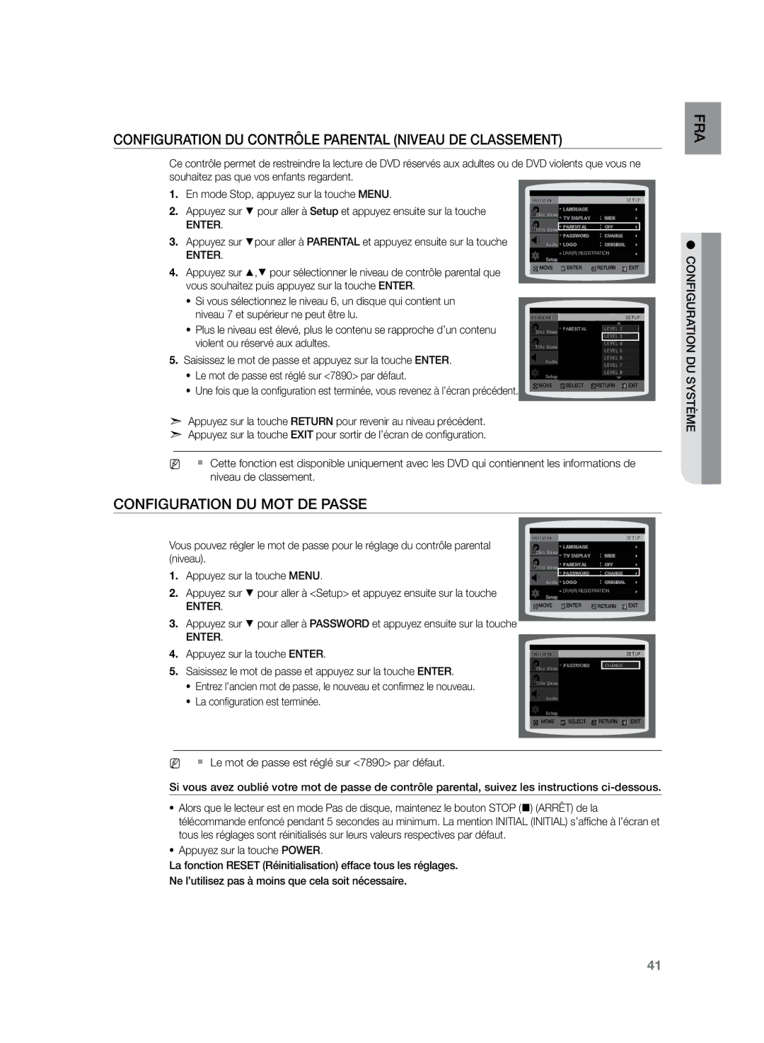 Samsung HT-Z120T/XEF manual Configuration du contrôle parental Niveau de classement, Configuration du mot de passe 