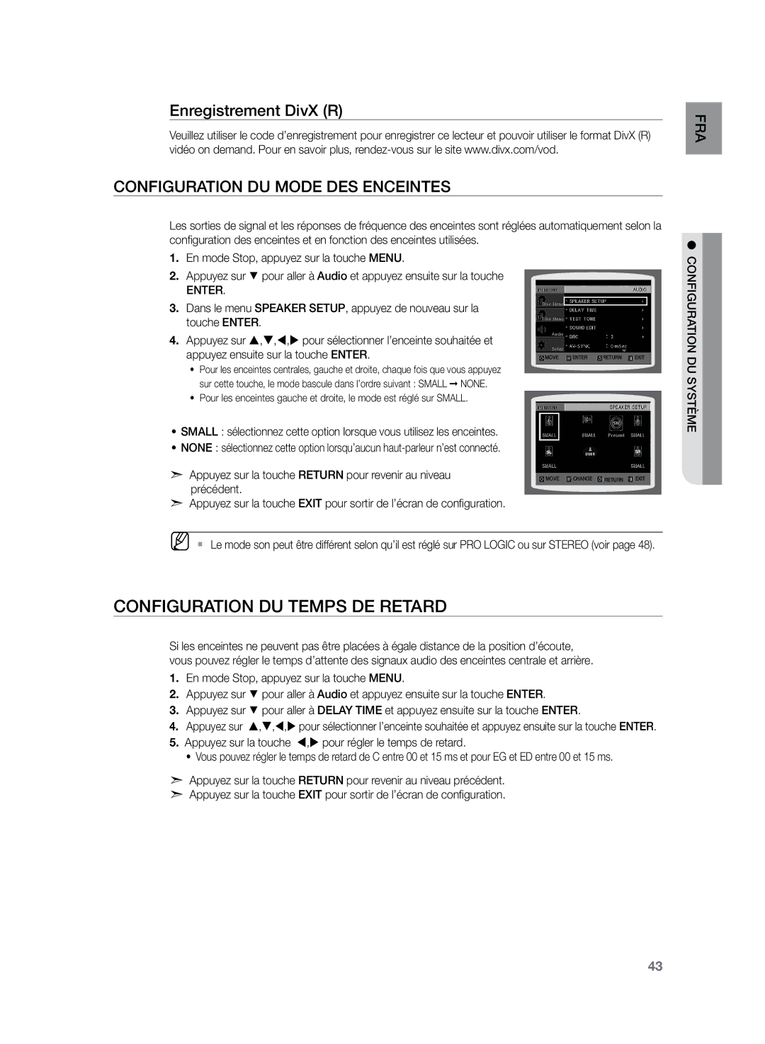 Samsung HT-Z120T/XEF manual Configuration du temps de retard, Enregistrement DivX R, Configuration du mode des enceintes 