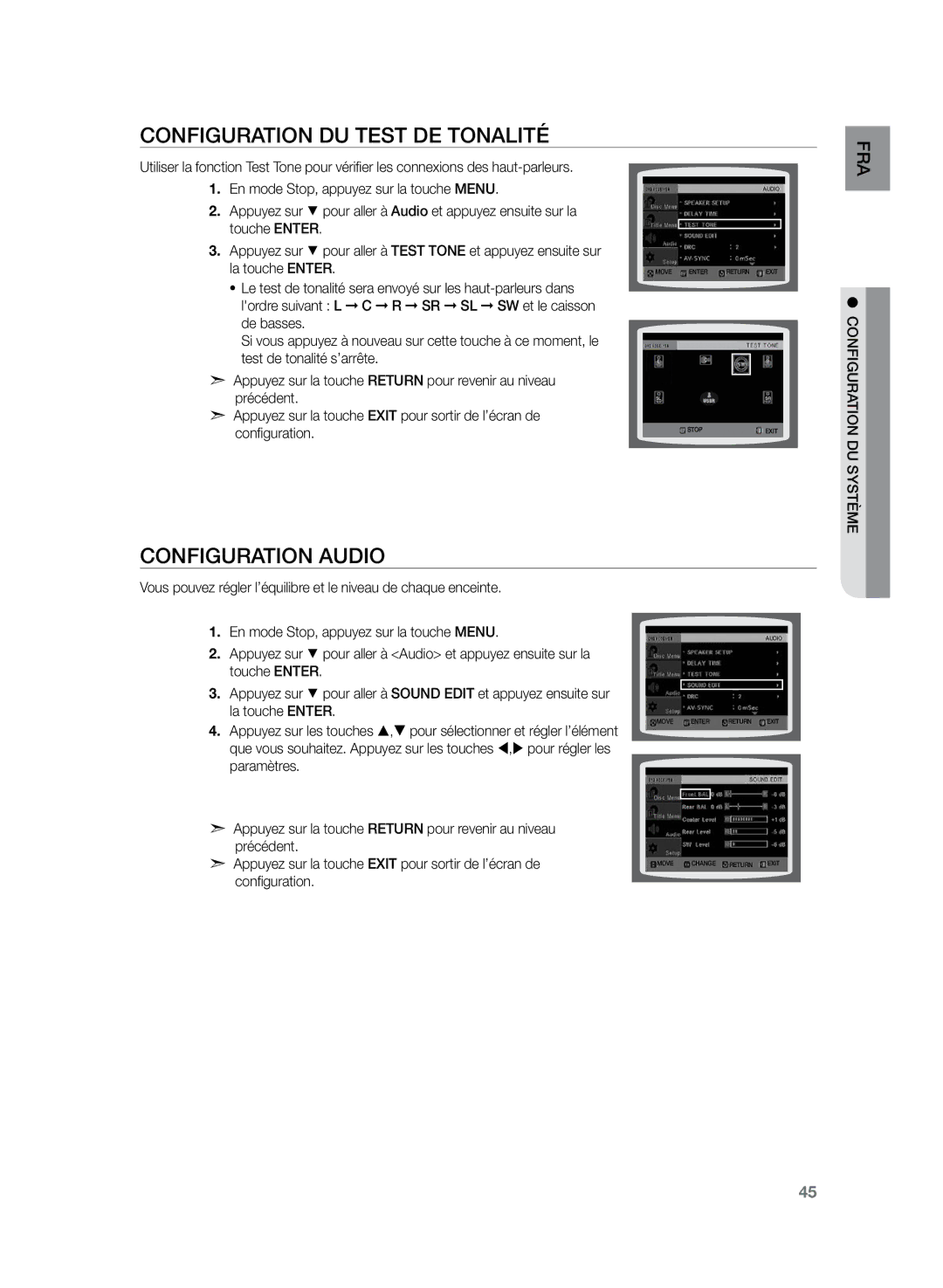 Samsung HT-Z120T/XEF manual Configuration du test de tonalité, Configuration audio 